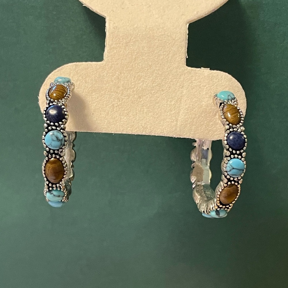 CHAPS Vintage Gemstone Hoop Silver Tone Earrings